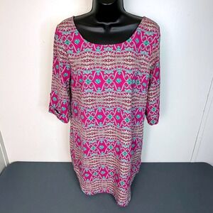 Pink Owl Dress Womens Small Shift 3/4 Sleeve Magenta Teal Geometric Boho